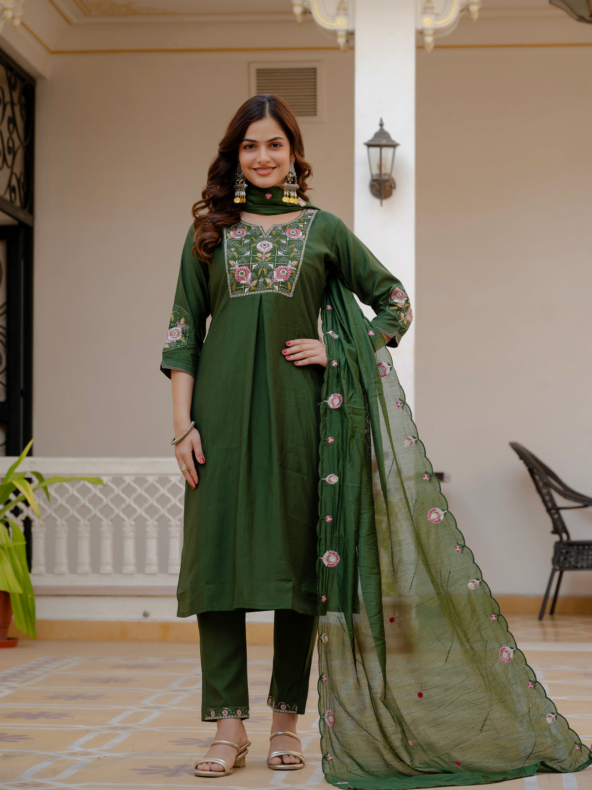 Green Viscose Mango Silk Embroidered Kurti Set