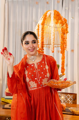 Orange Chanderi Silk Embroidered Suit Set