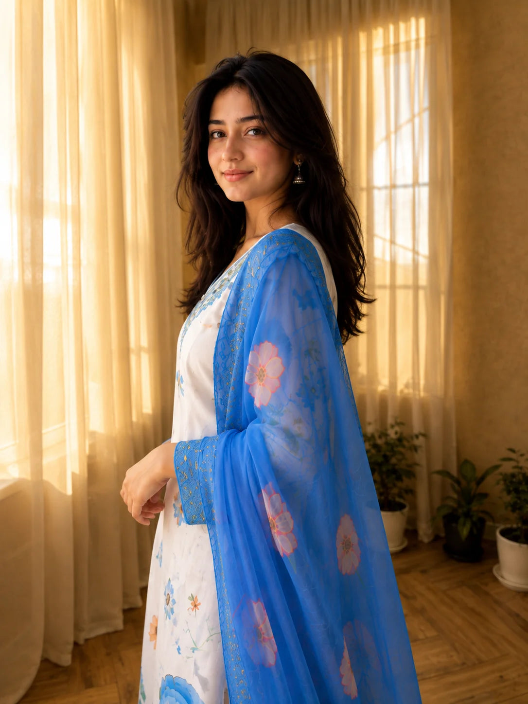 Soft Cotton Sky Blue Flower Print Suit Set