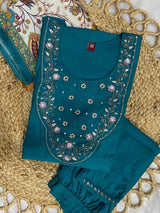 Teal Blue Premium Marina Silk Embroidered Kurti Pant Dupatta Set