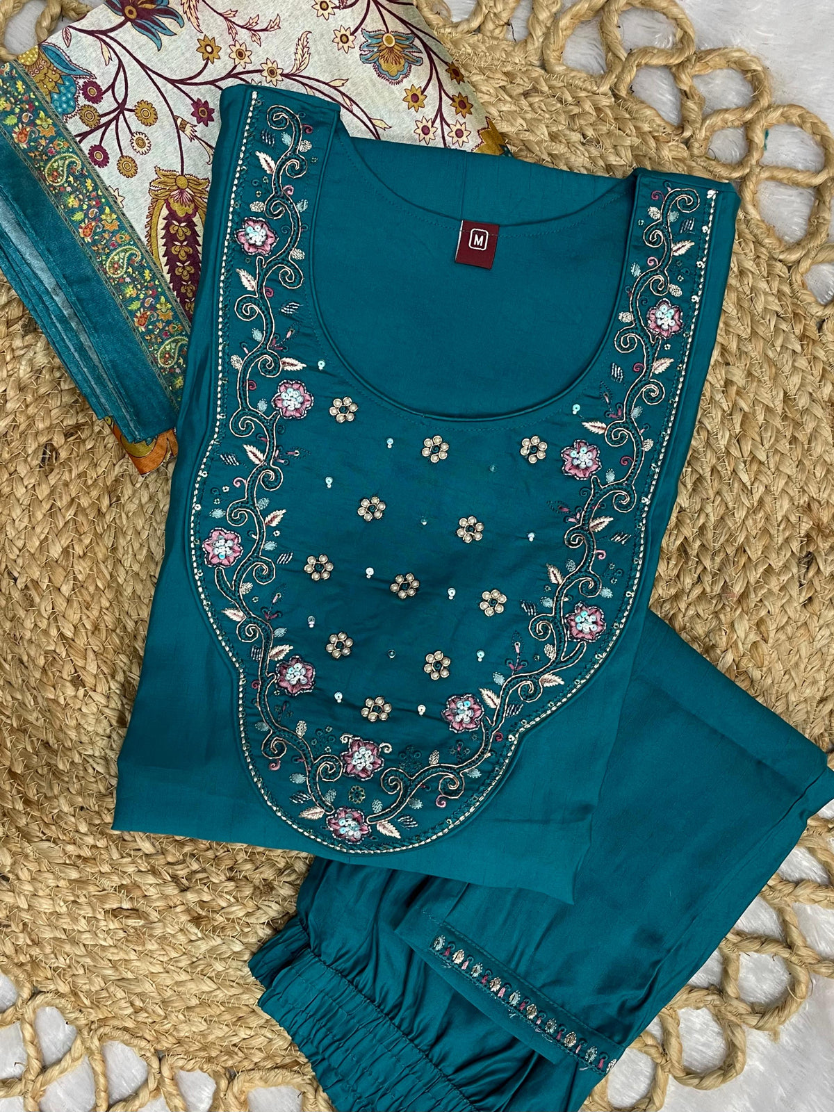 Teal Blue Premium Marina Silk Embroidered Kurti Pant Dupatta Set