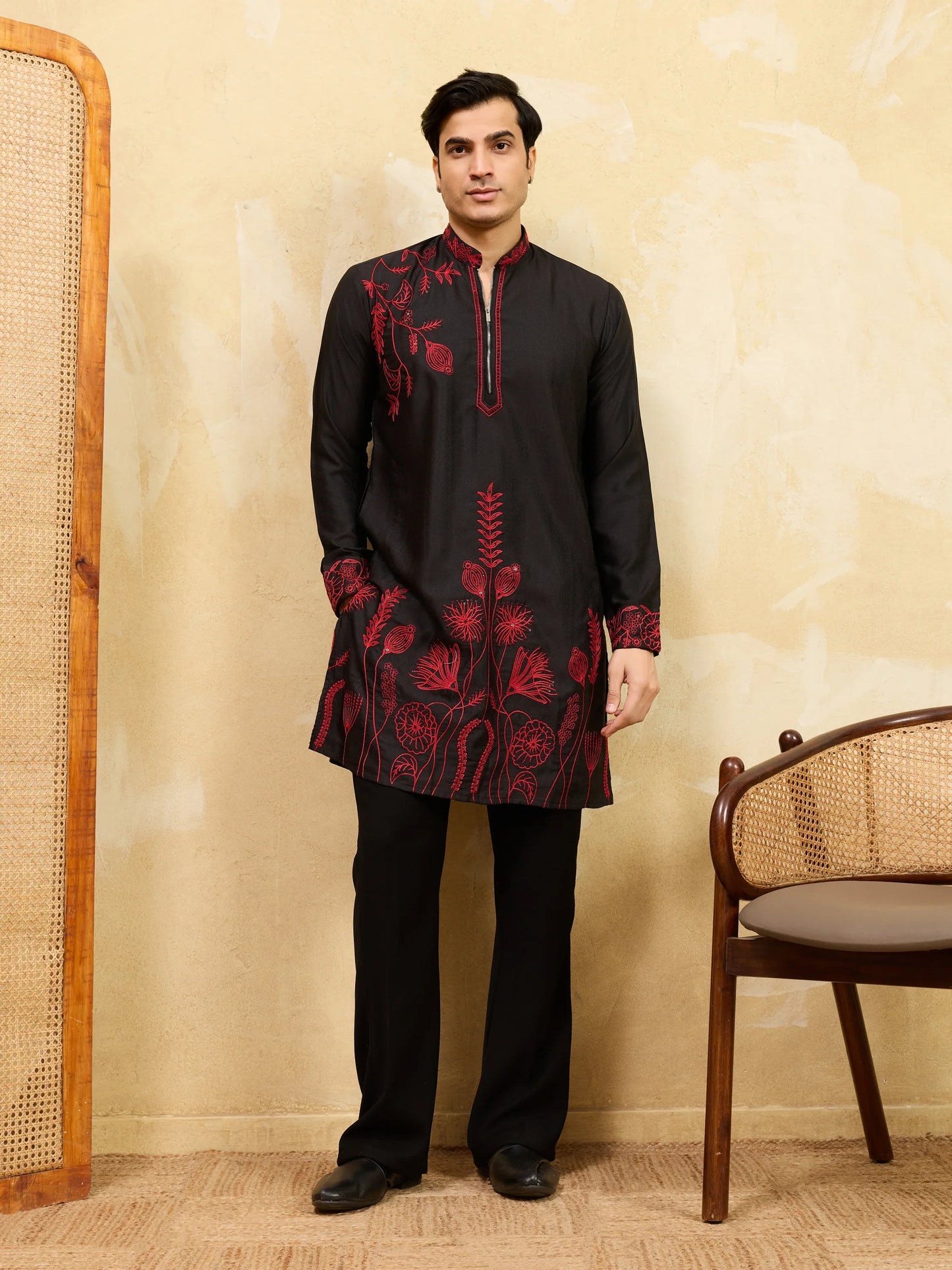 Elegant Premium Khadi Silk Thread Work Red Kurta with Pant