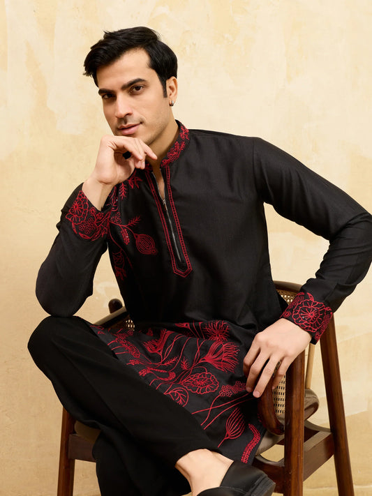 Elegant Premium Khadi Silk Thread Work Red Kurta with Pant