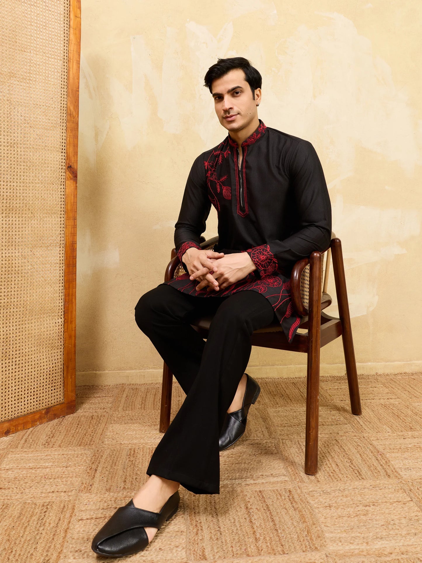 Elegant Premium Khadi Silk Thread Work Red Kurta with Pant