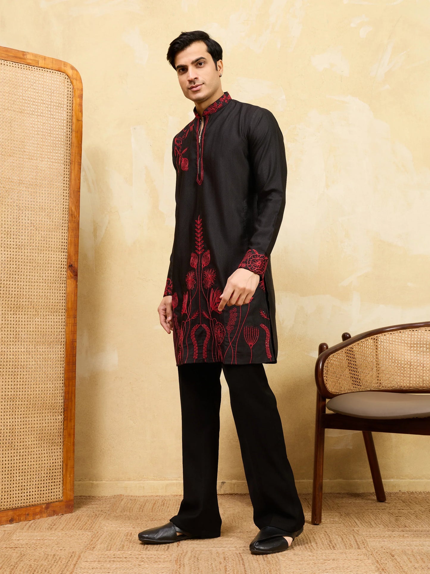 Elegant Premium Khadi Silk Thread Work Red Kurta with Pant