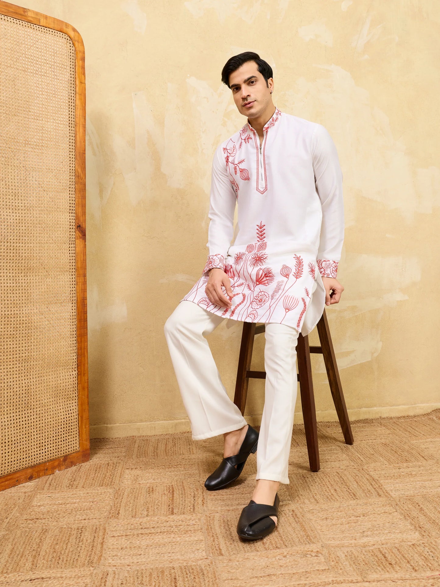 Elegant Luxury White Khadi Silk Kurta with Red Thread Work