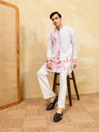 Elegant Luxury White Khadi Silk Kurta with Red Thread Work