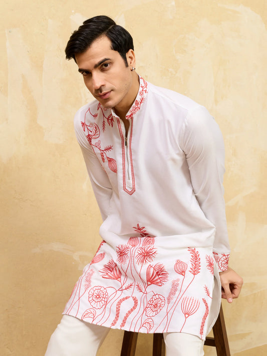 Elegant Luxury White Khadi Silk Kurta with Red Thread Work