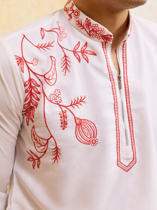 Elegant Luxury White Khadi Silk Kurta with Red Thread Work