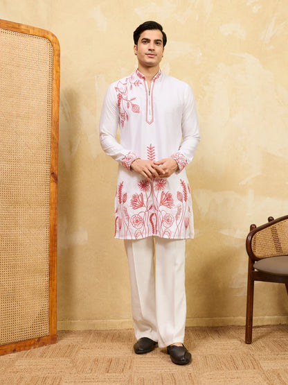 Elegant Luxury White Khadi Silk Kurta with Red Thread Work