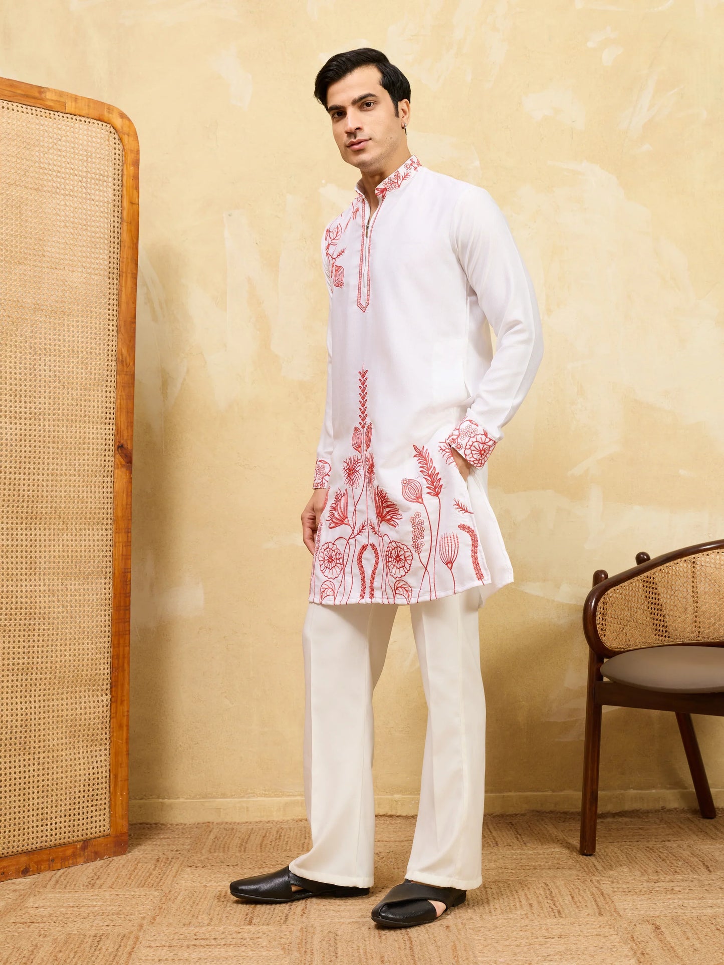 Elegant Luxury White Khadi Silk Kurta with Red Thread Work