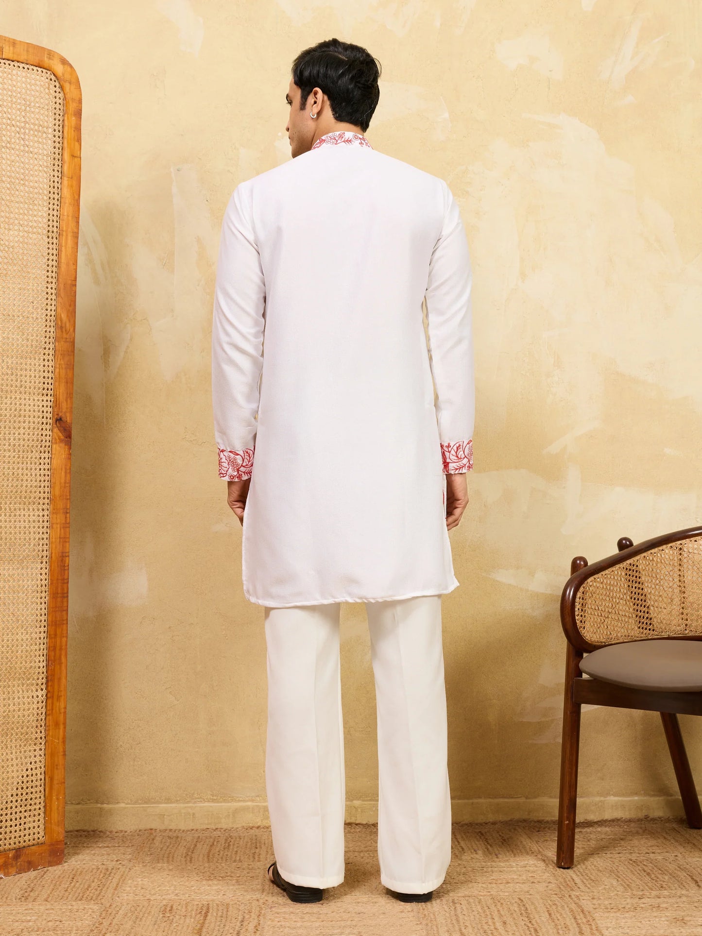Elegant Luxury White Khadi Silk Kurta with Red Thread Work