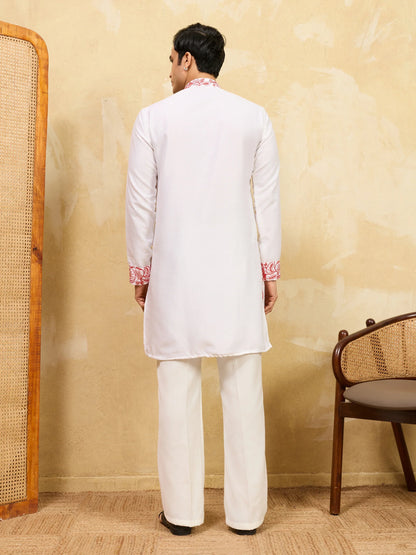 Elegant Luxury White Khadi Silk Kurta with Red Thread Work
