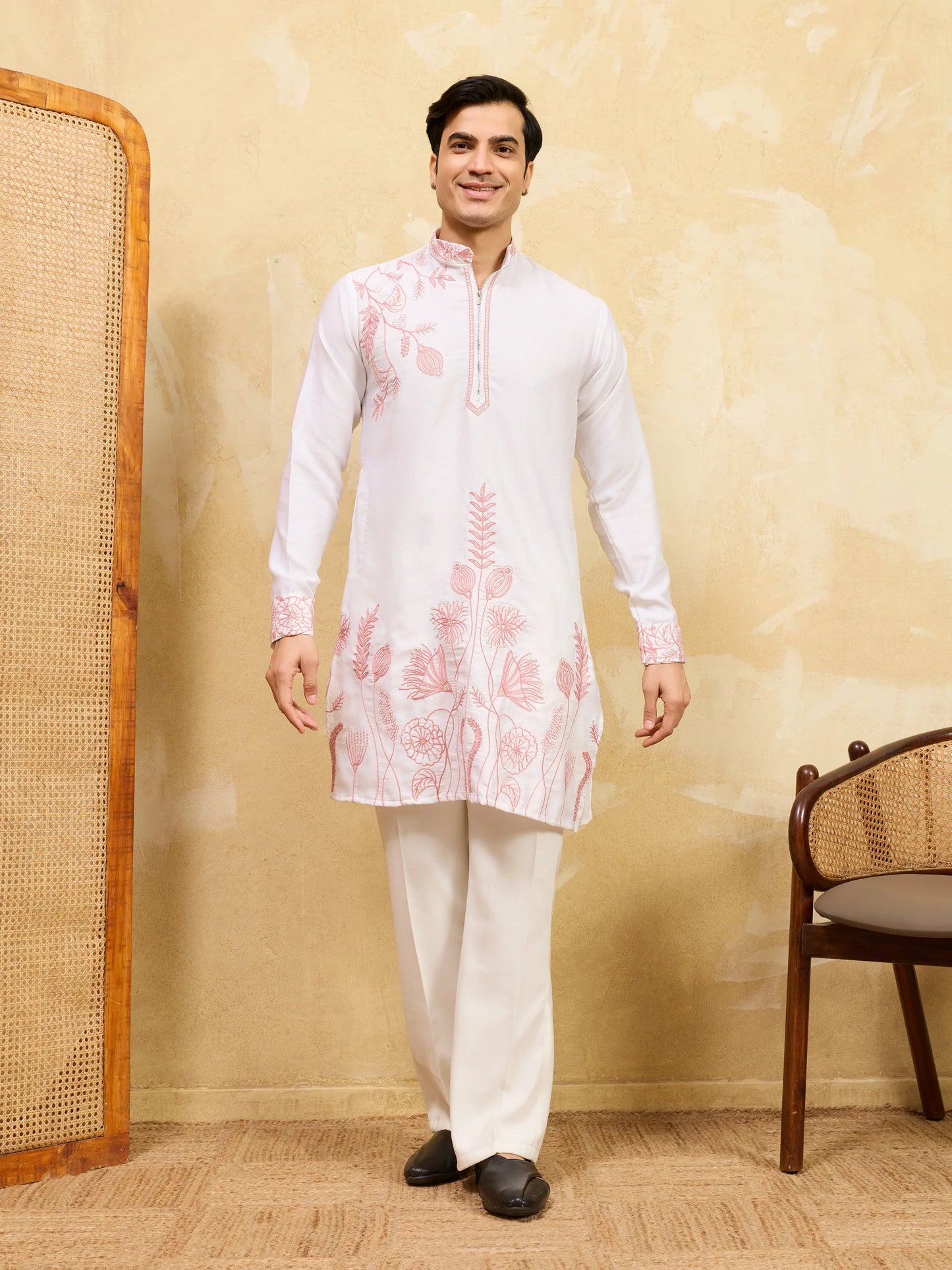 Elegant Signature White Khadi Silk Men’s Kurta with Pink Thread Work