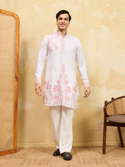 Elegant Signature White Khadi Silk Men’s Kurta with Pink Thread Work