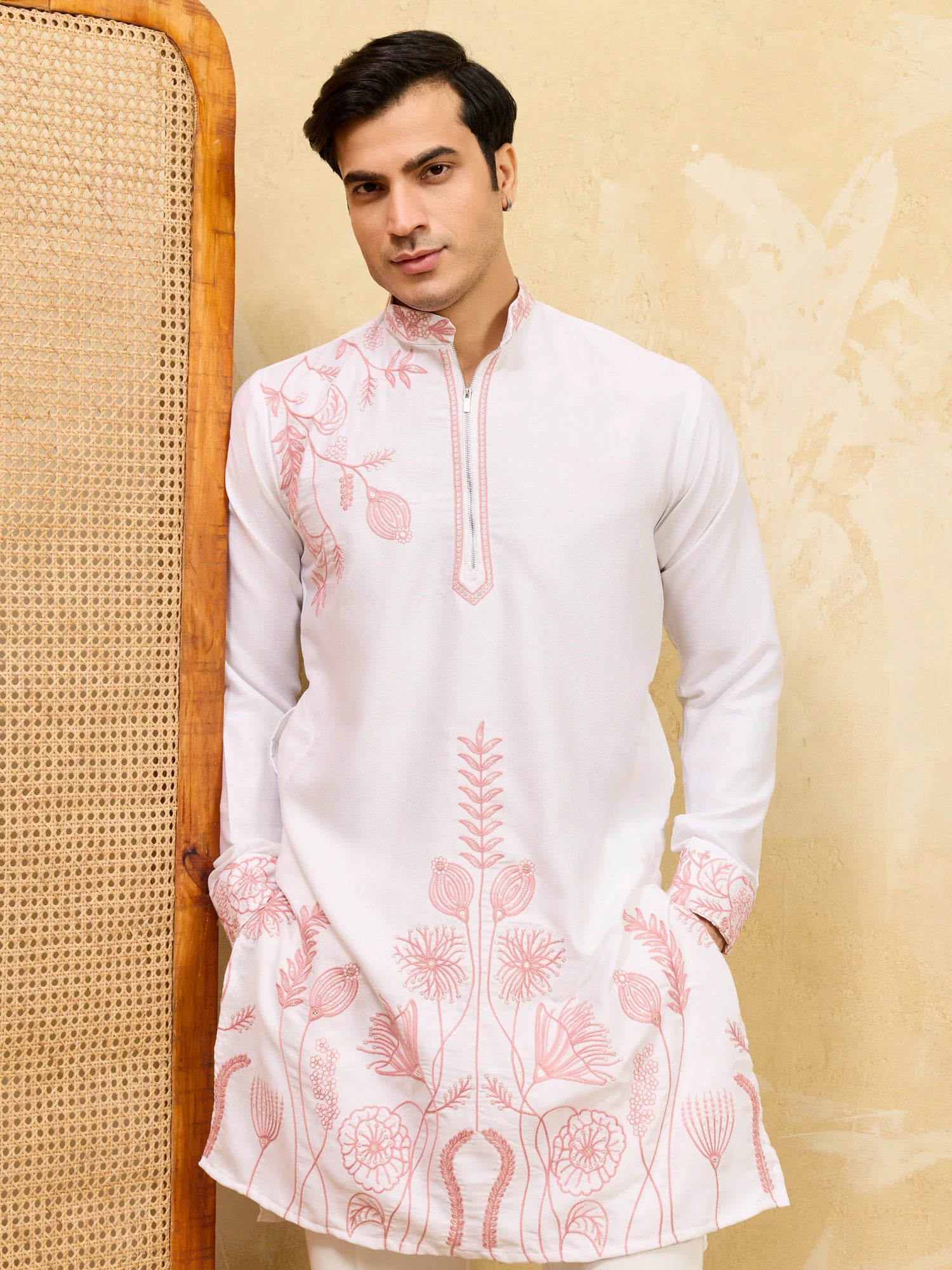 Elegant Signature White Khadi Silk Men’s Kurta with Pink Thread Work