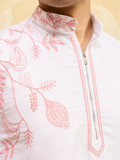 Elegant Signature White Khadi Silk Men’s Kurta with Pink Thread Work