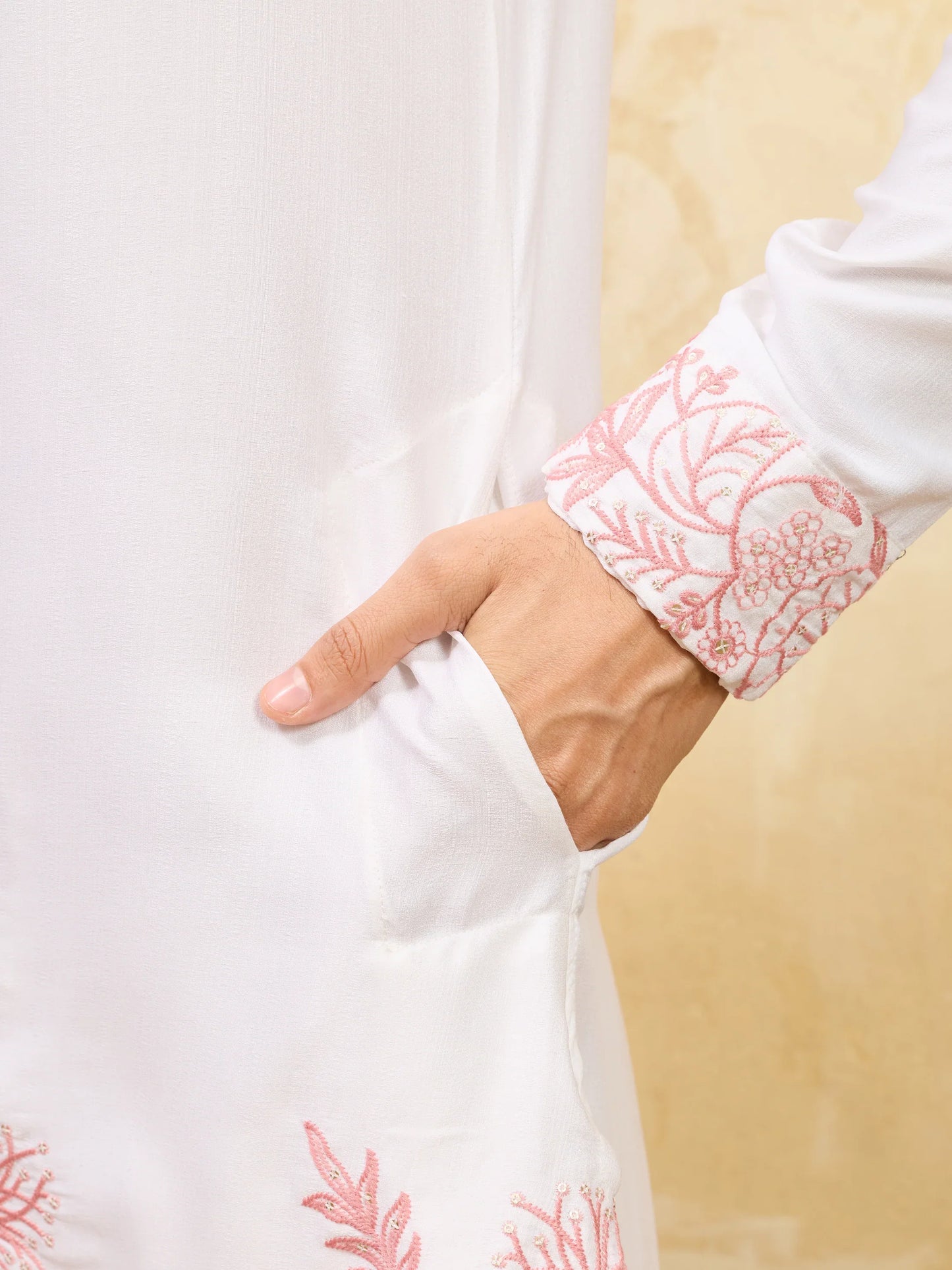 Elegant Signature White Khadi Silk Men’s Kurta with Pink Thread Work