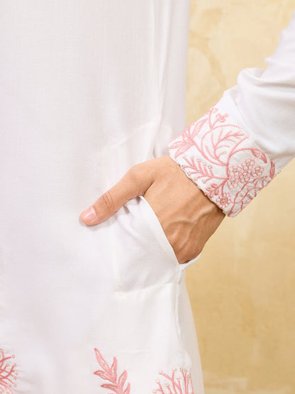 Elegant Signature White Khadi Silk Men’s Kurta with Pink Thread Work