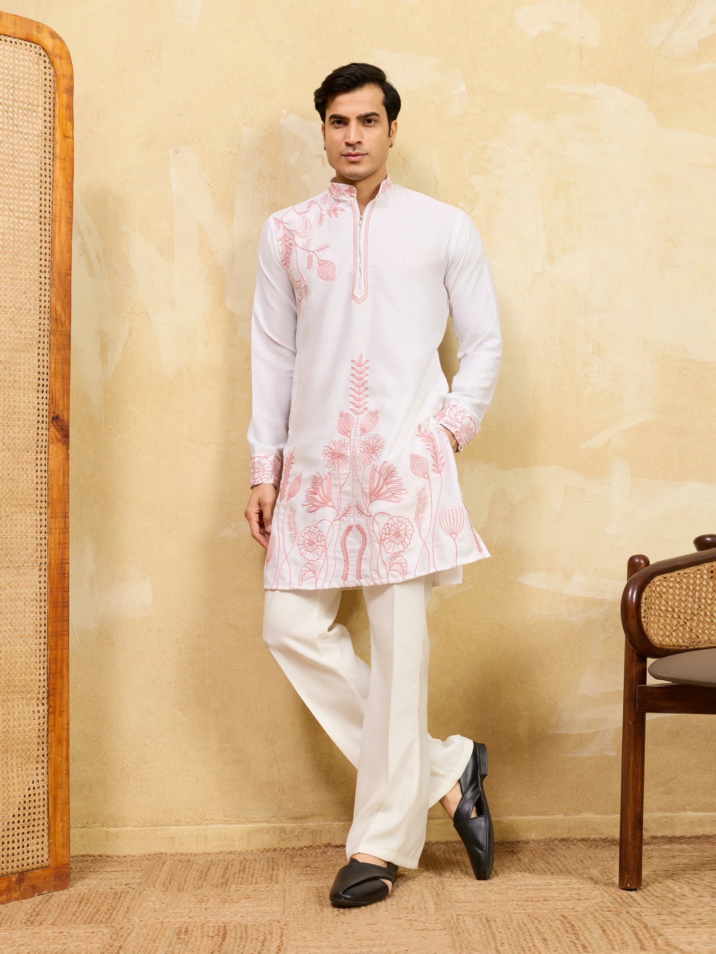 Elegant Signature White Khadi Silk Men’s Kurta with Pink Thread Work