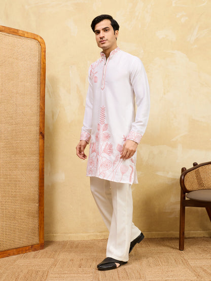 Elegant Signature White Khadi Silk Men’s Kurta with Pink Thread Work