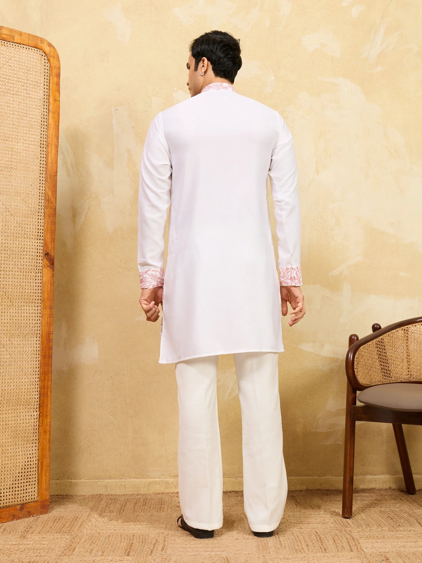 Elegant Signature White Khadi Silk Men’s Kurta with Pink Thread Work