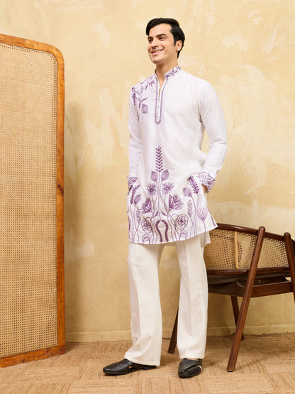 Elegant Regal Khadi Silk White Kurta with Purple Thread Work