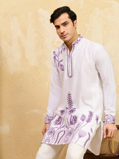 Elegant Regal Khadi Silk White Kurta with Purple Thread Work