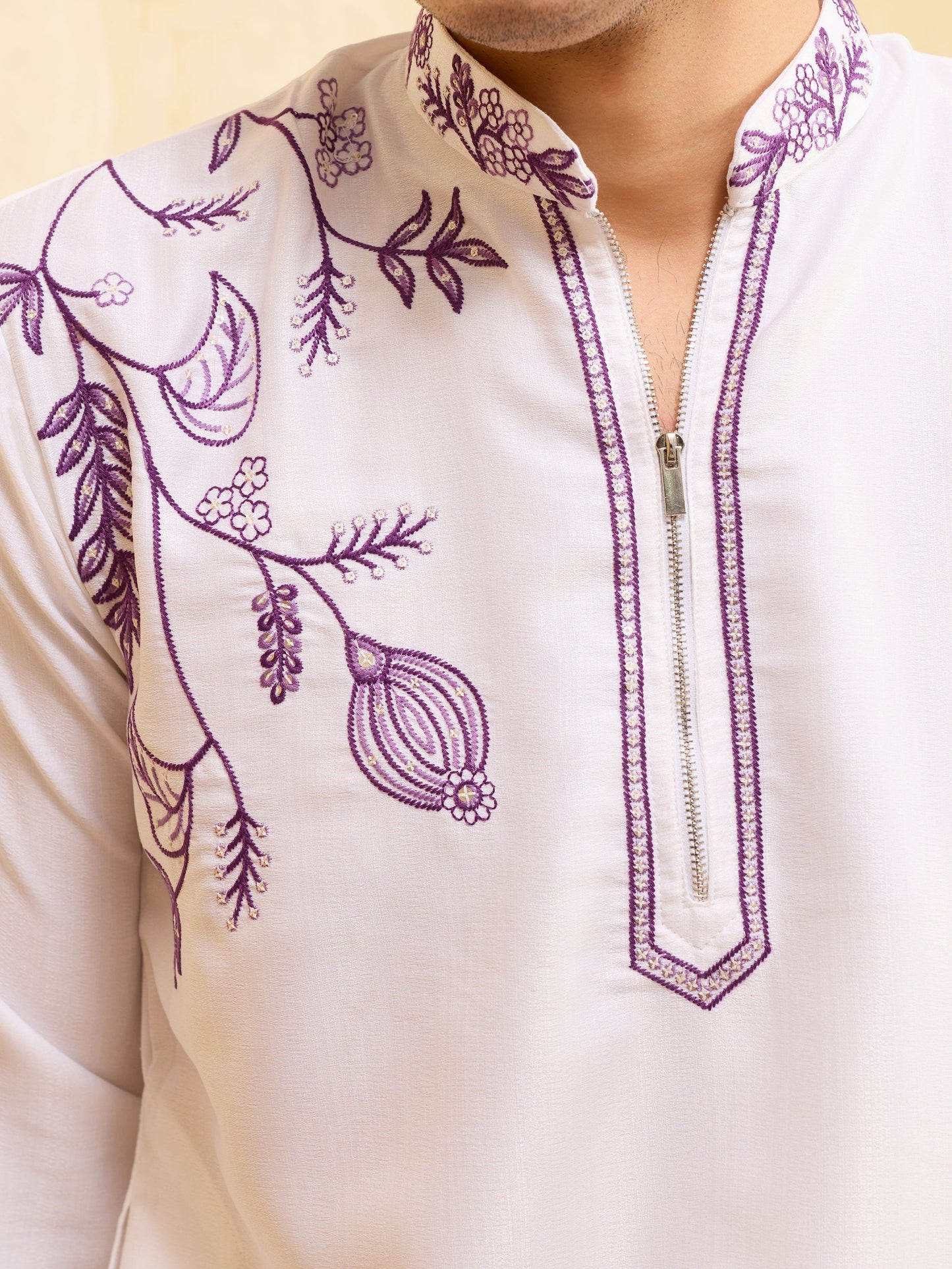 Elegant Regal Khadi Silk White Kurta with Purple Thread Work