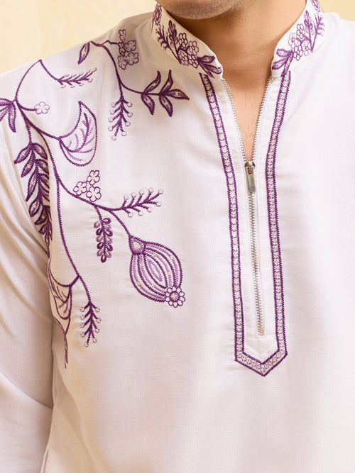 Elegant Regal Khadi Silk White Kurta with Purple Thread Work