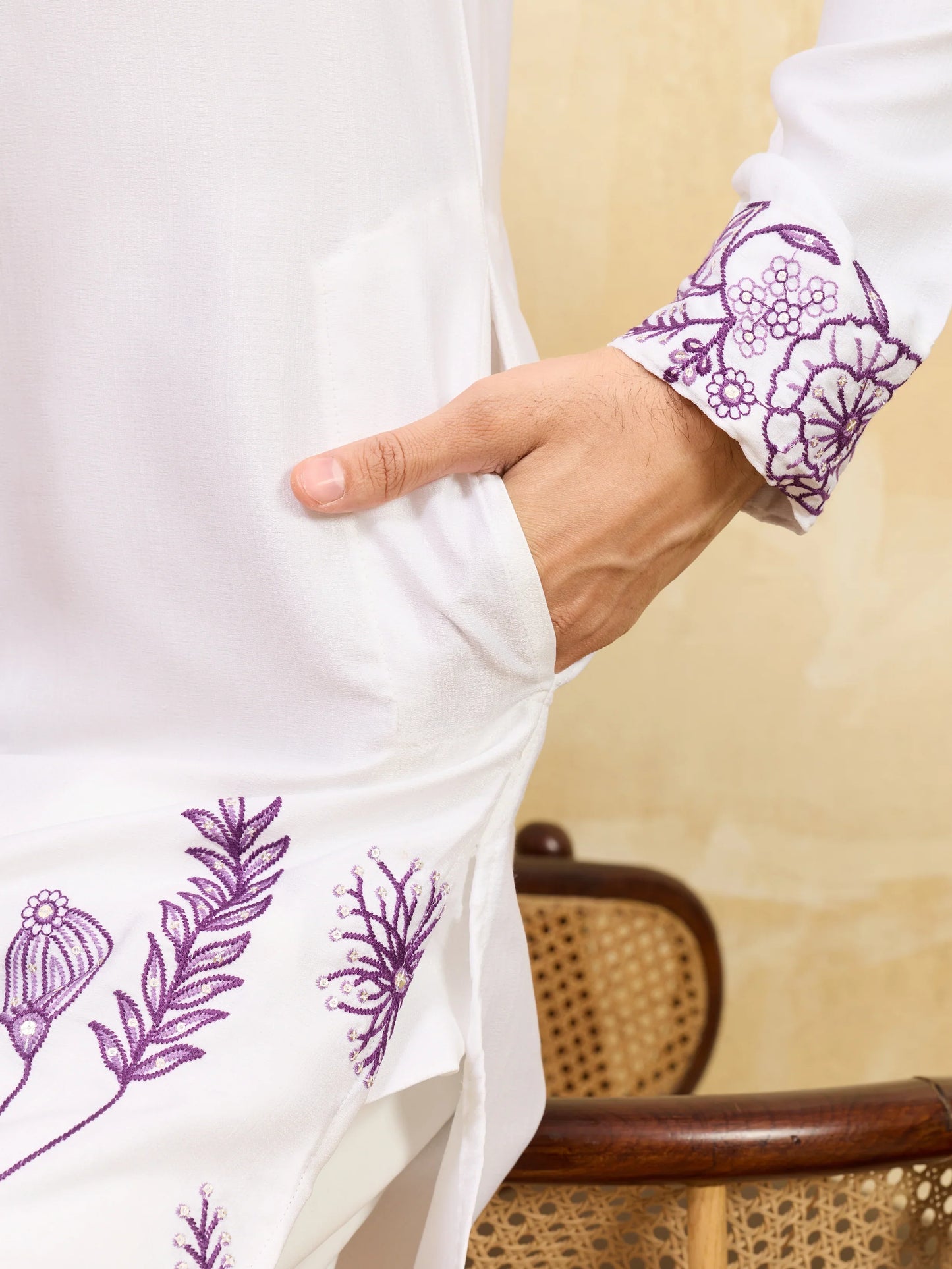 Elegant Regal Khadi Silk White Kurta with Purple Thread Work