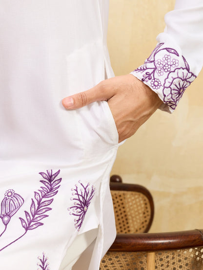 Elegant Regal Khadi Silk White Kurta with Purple Thread Work