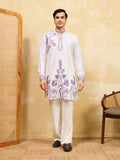 Elegant Regal Khadi Silk White Kurta with Purple Thread Work