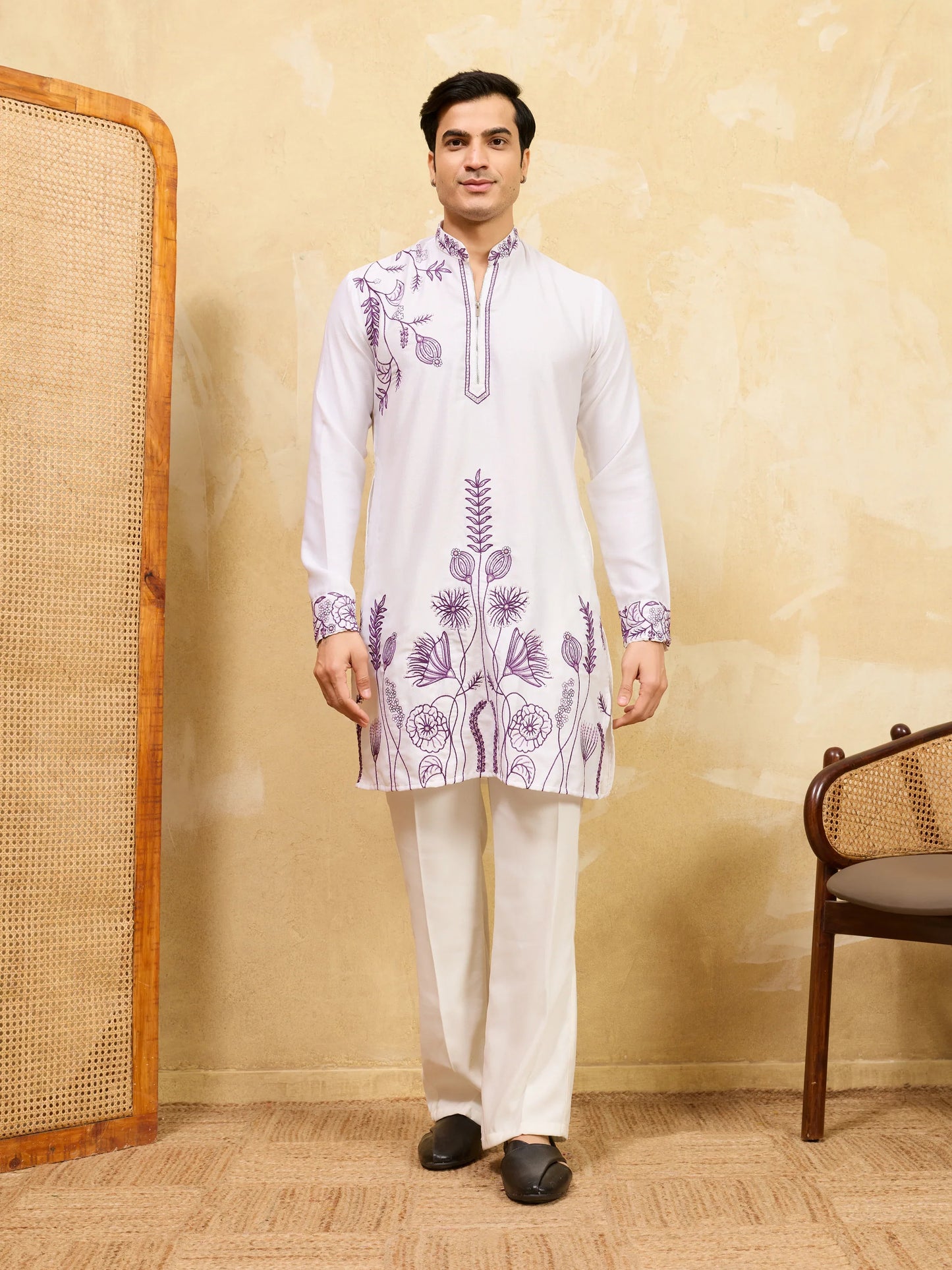 Elegant Regal Khadi Silk White Kurta with Purple Thread Work