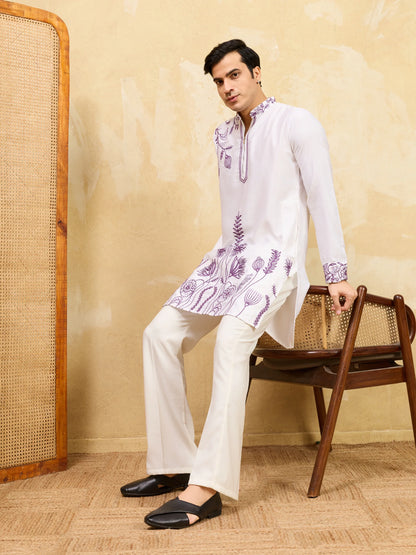 Elegant Regal Khadi Silk White Kurta with Purple Thread Work