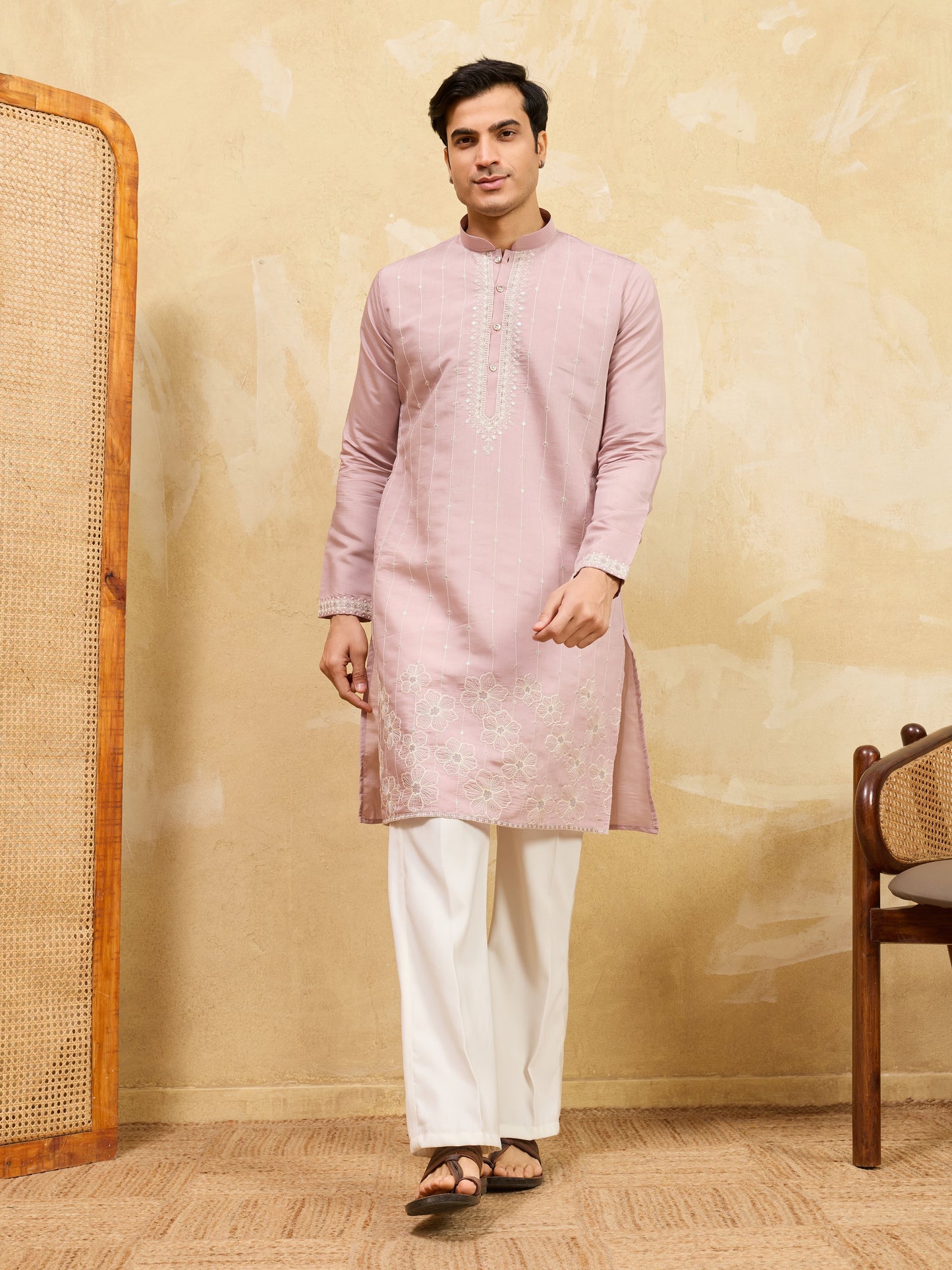 Elegant Festive Lavender Viscose Silk Multi-Thread Embroidery Kurta Set