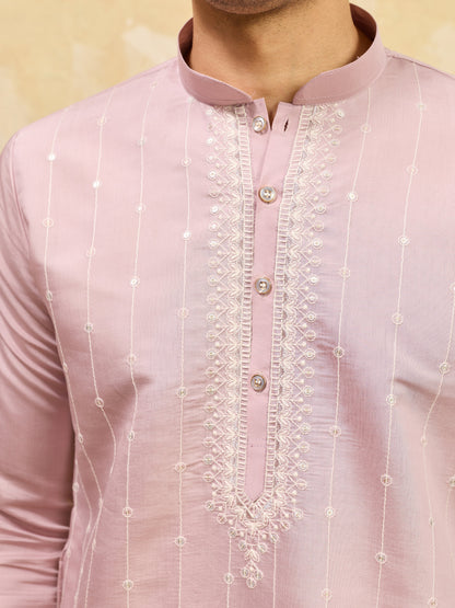 Elegant Festive Lavender Viscose Silk Multi-Thread Embroidery Kurta Set