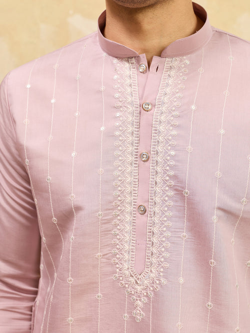 Elegant Festive Lavender Viscose Silk Multi-Thread Embroidery Kurta Set