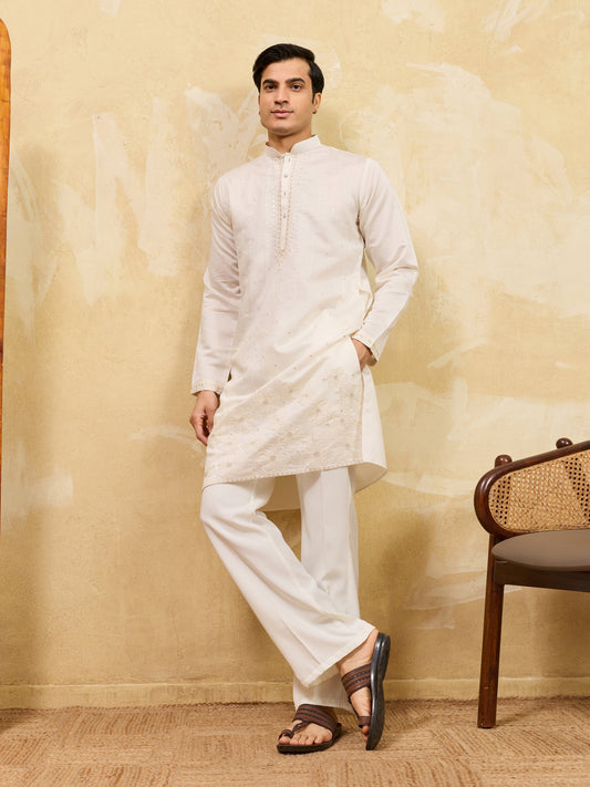 Elegant Classic White Viscose Silk Multi-Thread Men’s Kurta Set