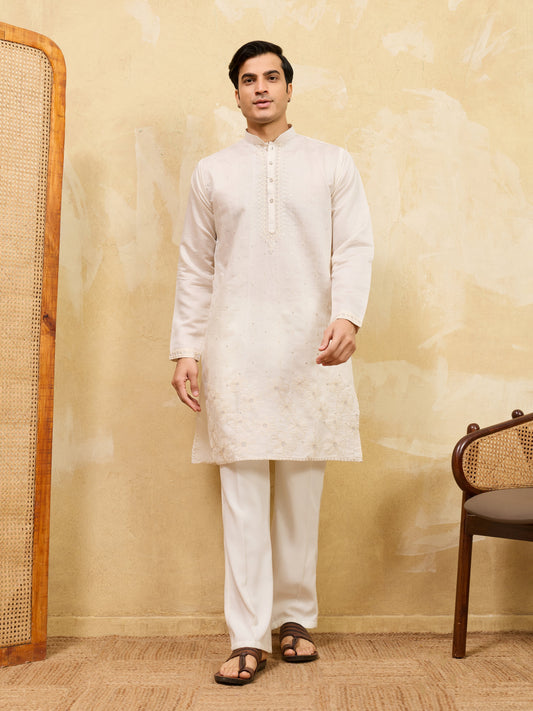 Elegant Classic White Viscose Silk Multi-Thread Men’s Kurta Set
