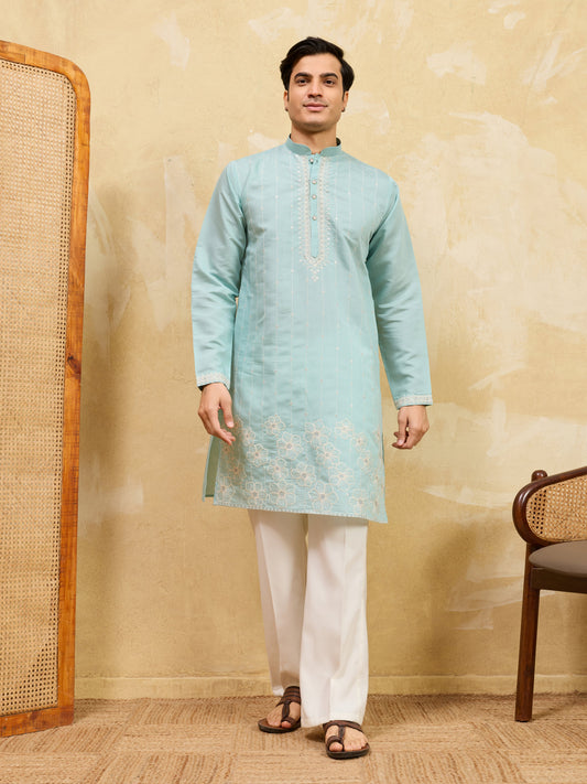 Elegant Modern Sky Blue Viscose Silk Fancy Embroidered Men’s Kurta