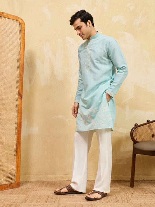 Elegant Modern Sky Blue Viscose Silk Fancy Embroidered Men’s Kurta