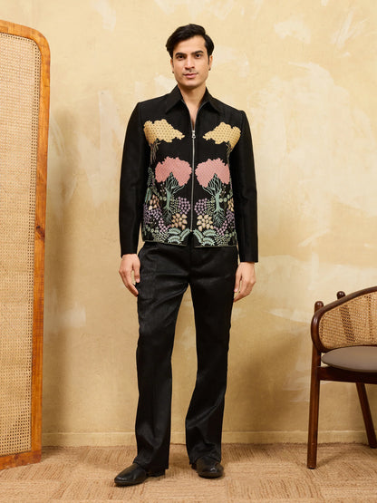 Elegant Luxury Black Bomber Jacket with Pant for Men Wedding Wear