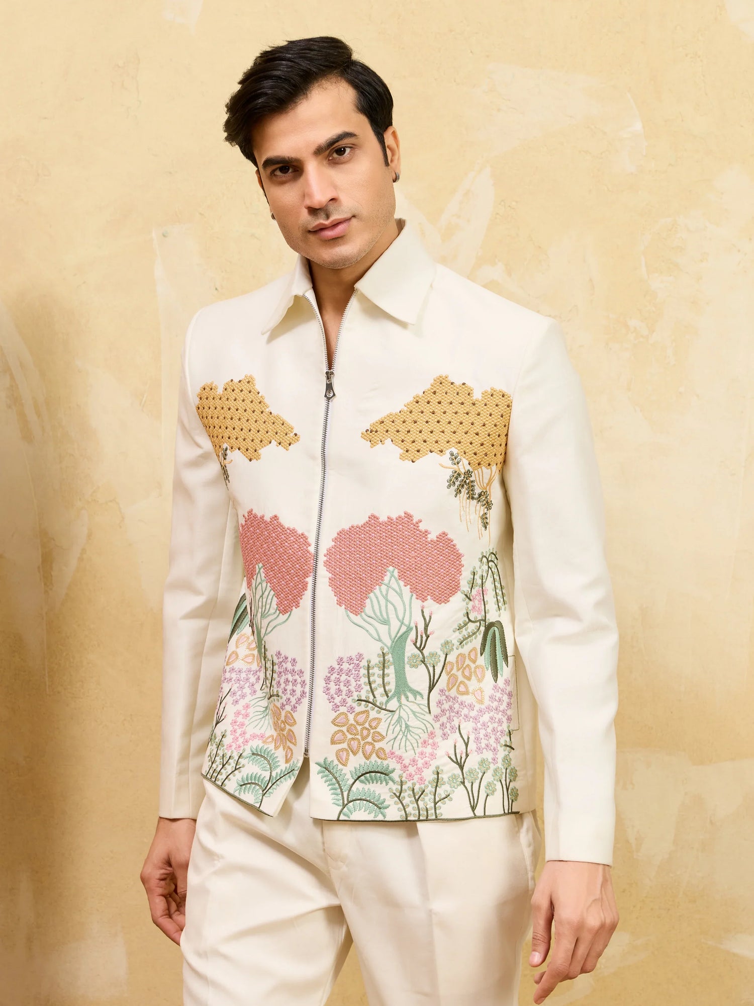 Elegant Premium White Bomber Jacket Featuring Multi Thread Sequin