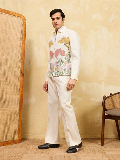 Elegant Premium White Bomber Jacket Featuring Multi Thread Sequin