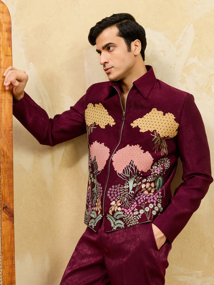 Elegant Elegant Maroon Bomber Jacket with Pant for Men's