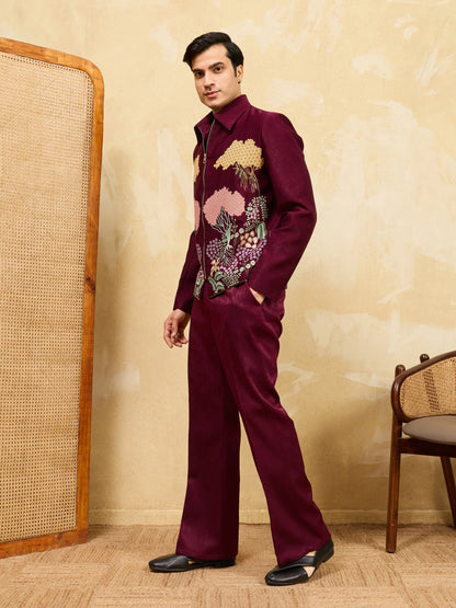 Elegant Elegant Maroon Bomber Jacket with Pant for Men's