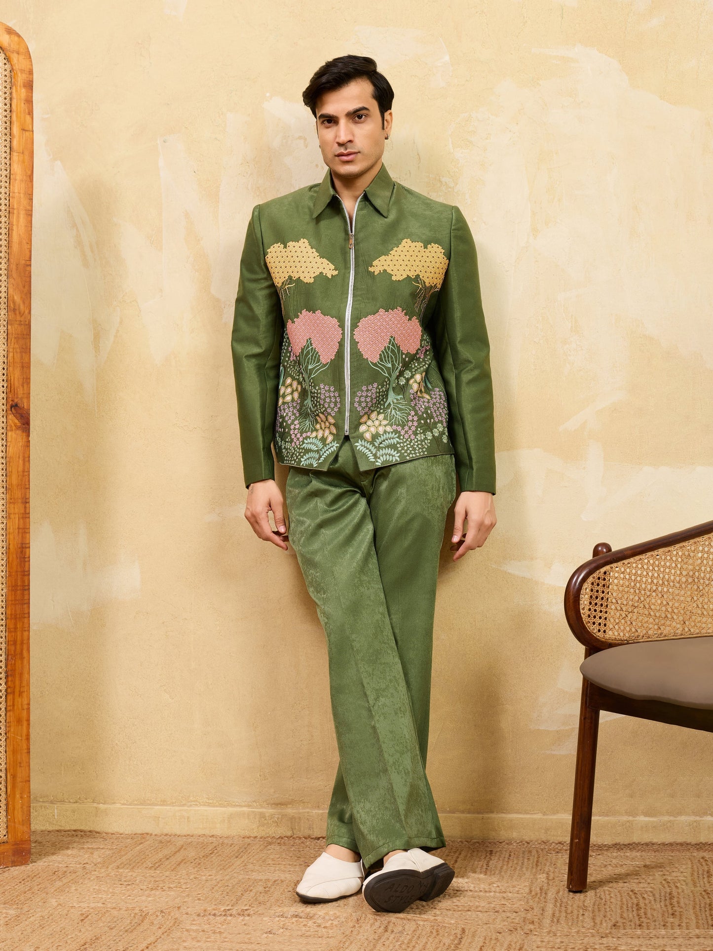 Elegant Regal Green Bomber Jacket with Thread Work and Pant for Mens