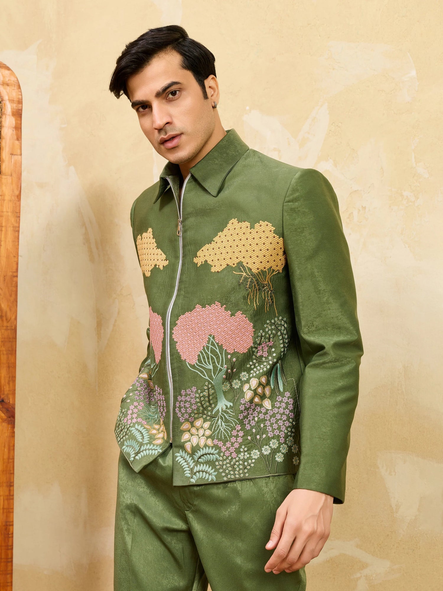 Elegant Regal Green Bomber Jacket with Thread Work and Pant for Mens