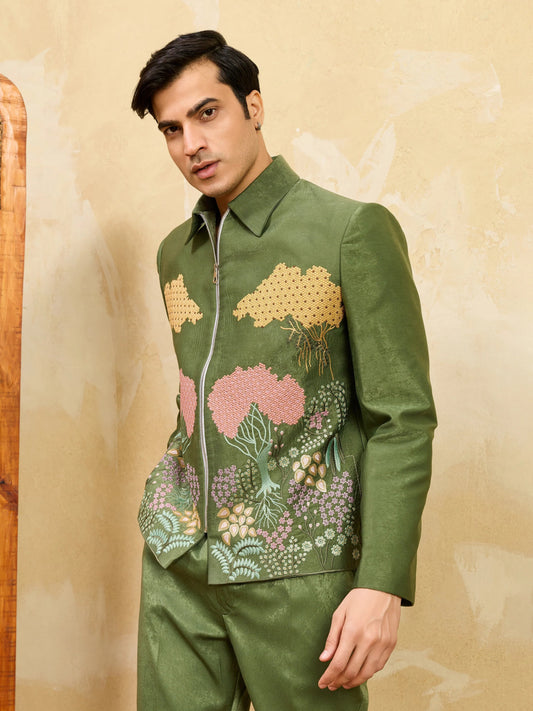 Elegant Regal Green Bomber Jacket with Thread Work and Pant for Mens